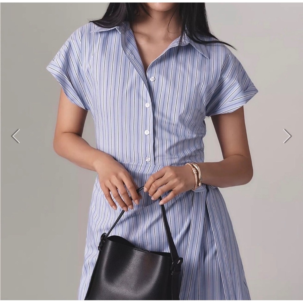 Maeve Anthropologie Button Front Wrap Mini Shirt Pinstripe Dress Preppy S - Picture 3 of 9